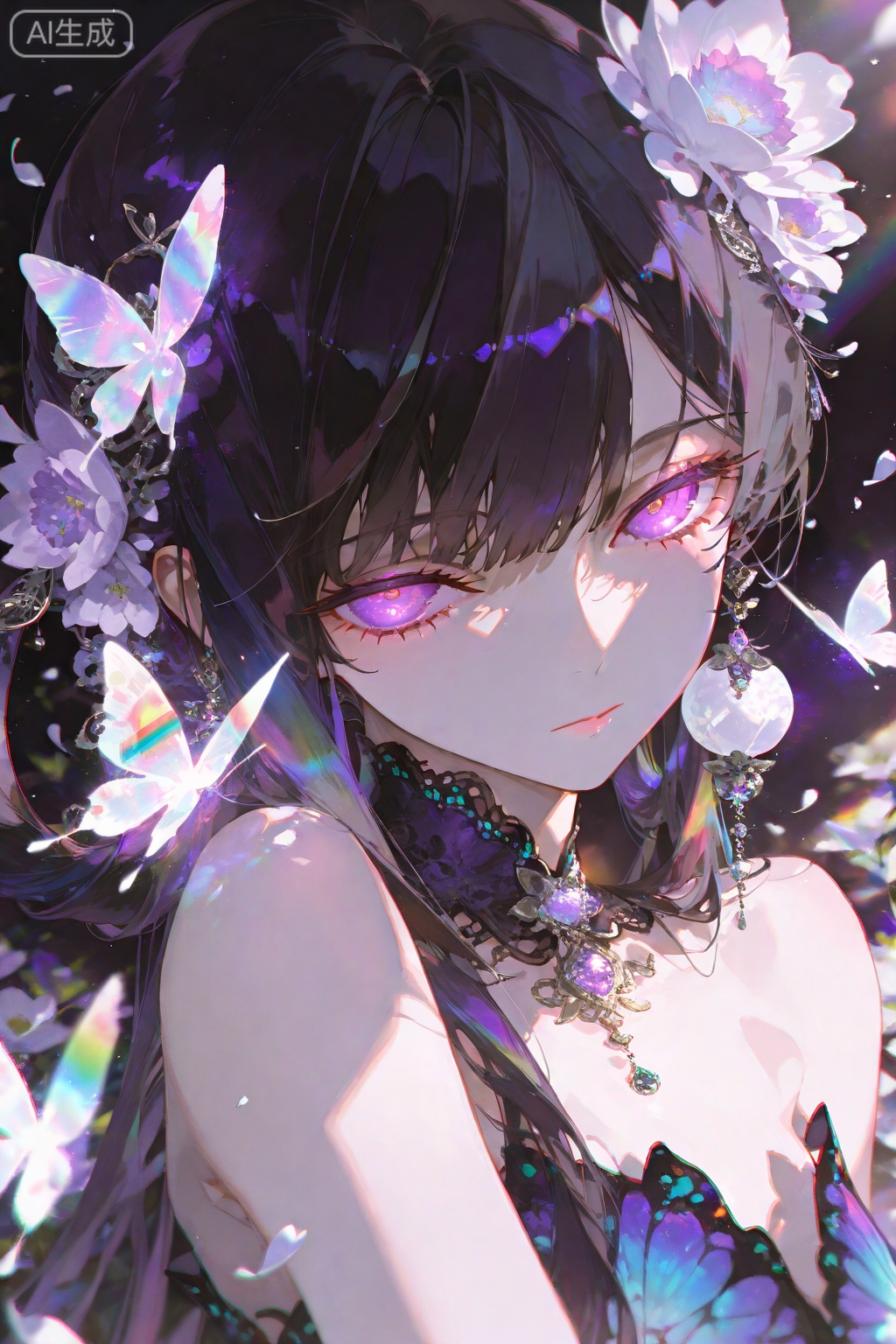 yoneyama mai,1girl,butterfly,bug,solo,hair ornament,long hair,black hair,purple eyes,flower,dress,jewelry,hair rings,upper body,earrings,petals,bare shoulders,hair flower,closed mouth,glowing butterfly,NDAN yoneyama mai,solo,looking at viewer,blurry,chromatic aberration,(extremely detailed CG unity 8k wallpaper,masterpiece),(8k resolution),Khighres,hi res,best quality,masterpiece,intricate,details,absurdres,Close-up shot of the face,Rainbow-like light,depth of field,dynamic compositio,
