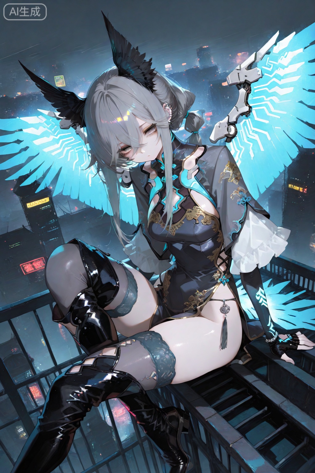 masterpiece, best quality, ultra detailed, 1girl, sleek grey long hair tied in a high ponytail, intricate crossed bangs, piercing grey eyes, elegant black ear feathers, blank expression, wearing an ornate cyberpunk cheongsam (qipao) with glowing accents, sleek thighhigh boots, fingerless gloves, large intricate mechanical wings with exposed framework, sitting on the edge of a rainy rooftop, overlooking a vast neon-lit cyberpunk metropolis at night, cinematic lighting, atmospheric