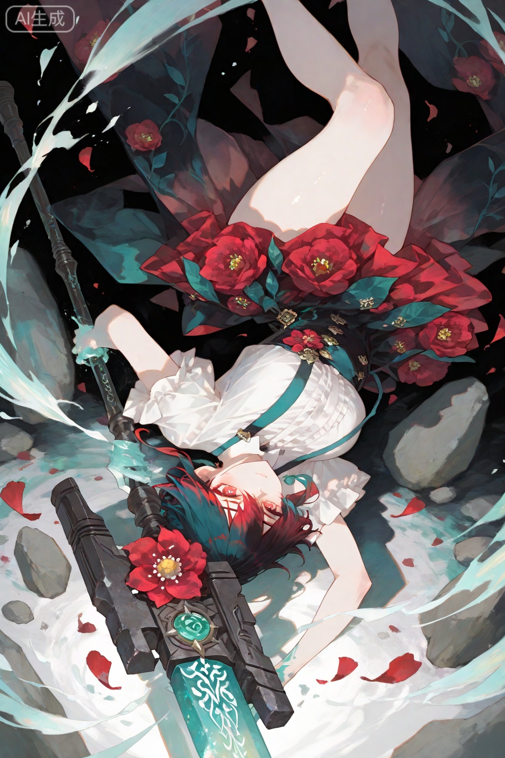 The skirt is composed of large petals to form an upside-down flower-shaped skirt, suspenders. The royal sister is wearing a skirt, healthy skin, and holding a weapon. The super-large heavy hammer weapon, which is as high as one person, is carved into a peony flower style, transparent and slightly translucent. The hammer handle is made of white jade and is engraved with vine patterns. Gorgeous anime watercolor illustrations, delicate brushstrokes, rock color hand-painted brushstrokes, watercolor smudges, overlapping, layered. Have a smudge. Mystery, artistic sense, dynamic sense, time freeze, pearlescent sense of the picture, beautiful light and shadow effects, rich color levels and delicate light and shadow. Master-level composition, with visual impact and accurate perspective. Strong hand-painted feel. Line strokes. Master-level aesthetics.