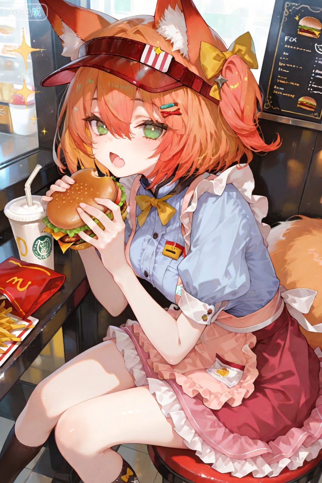 Black Dead Socks,1girl,food,animal ears,solo,pink skirt,visor cap,holding,tail,burger,green eyes,skirt,short sleeves,looking at viewer,shirt,holding food,orange hair,blue shirt,disposable cup,open mouth,frilled skirt,sitting,hair ornament,one side up,puffy sleeves,frills,puffy short sleeves,bow,french fries,fox ears,cup,short hair,sparkle,fast food,hairclip,hair between eyes,hair bow,fox tail,menu,animal ear fluff,fox girl,breasts,drinking straw,apron,yellow bow,fang,red hair,red skirt,jewelry,