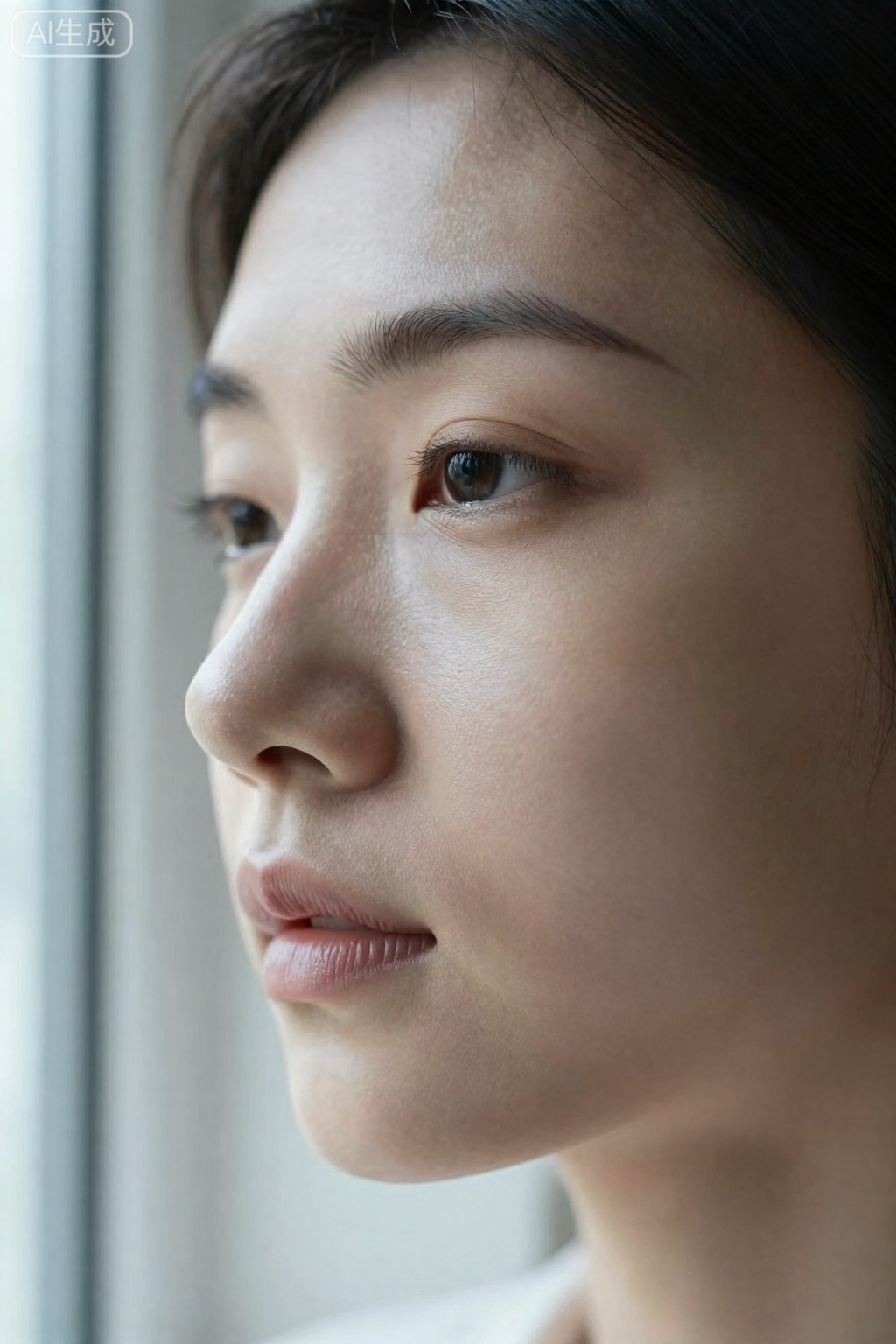 单点对焦锁定眼睛,确保瞳孔清晰锐利。人物微微低头,眼神望向远方,流露出沉思或向往的情绪。窗边自然光,营造温柔氛围,保留面部自然纹理,。,skin