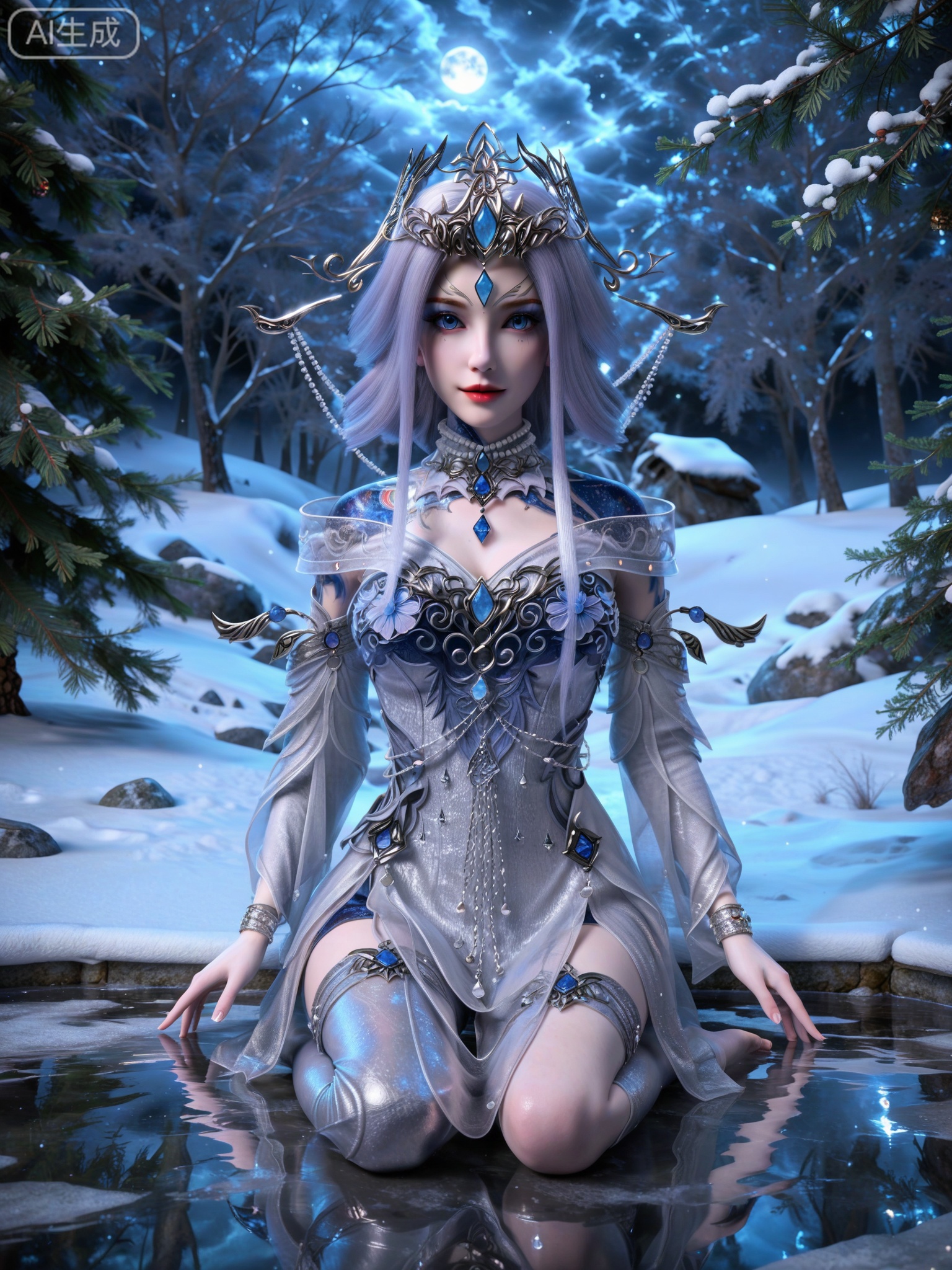 score_9,score_8_up,score_7_up,masterpiece,(best quality),(intricate details:0.9) BREAK (intricate details:0.9),(realistic skin:1.2),masterpiece,best quality,newest,absurdres,hiahres,1girl,jewelry,hair ornament,dress,necklace,lips,eyeshadow,bracelet,tassel,(8k ultra-clear, pony style),photo pose 0.6, micro-expression: soft smile 0.3, half-body + medium shot 0.7,1girl,looking_at_viewer,1boy,hair,realistic,photorealistic,Vivid Colors,bright environment,shiny skin,shiny hairjewelry,detail eyes,Eyes highlights,glowing,sunshine,bright,reflection,bright,sunshine on face,shiny,shinny,petite,thin,leg slimming,lose weight,slim hips,lakeside,delicate water,reflection,(full body:1.3)sitting_down,eyelashes,snow,Winter,Snowy landscape,Snow accumulation,Christmas tree,(huge breasts:1),