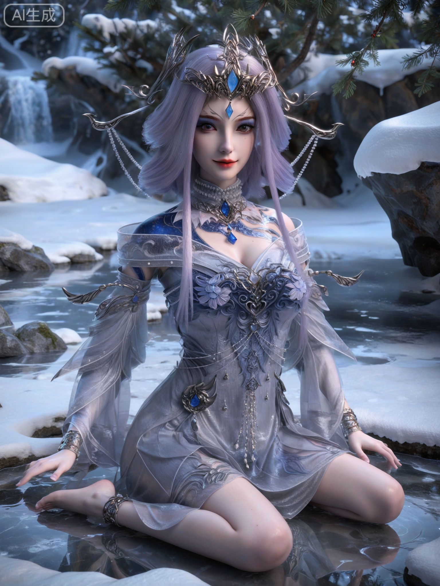 score_9,score_8_up,score_7_up,masterpiece,(best quality),(intricate details:0.9) BREAK (intricate details:0.9),(realistic skin:1.2),masterpiece,best quality,newest,absurdres,hiahres,1girl,jewelry,hair ornament,dress,necklace,lips,eyeshadow,bracelet,tassel,(8k ultra-clear, pony style),photo pose 0.6, micro-expression: soft smile 0.3, half-body + medium shot 0.7,1girl,looking_at_viewer,1boy,hair,realistic,photorealistic,Vivid Colors,bright environment,shiny skin,shiny hairjewelry,detail eyes,Eyes highlights,glowing,sunshine,bright,reflection,bright,sunshine on face,shiny,shinny,petite,thin,leg slimming,lose weight,slim hips,lakeside,delicate water,reflection,(full body:1.3)sitting_down,eyelashes,snow,Winter,Snowy landscape,Snow accumulation,Christmas tree,(huge breasts:1),brown eyes,