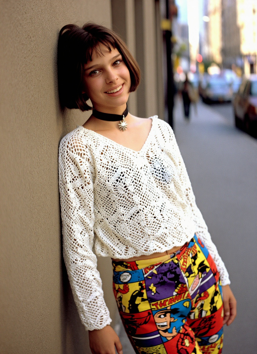 evocative early-90s-inspired portrait,  striking young woman leaning casually against a wall in a vibrant city,  smiling o...