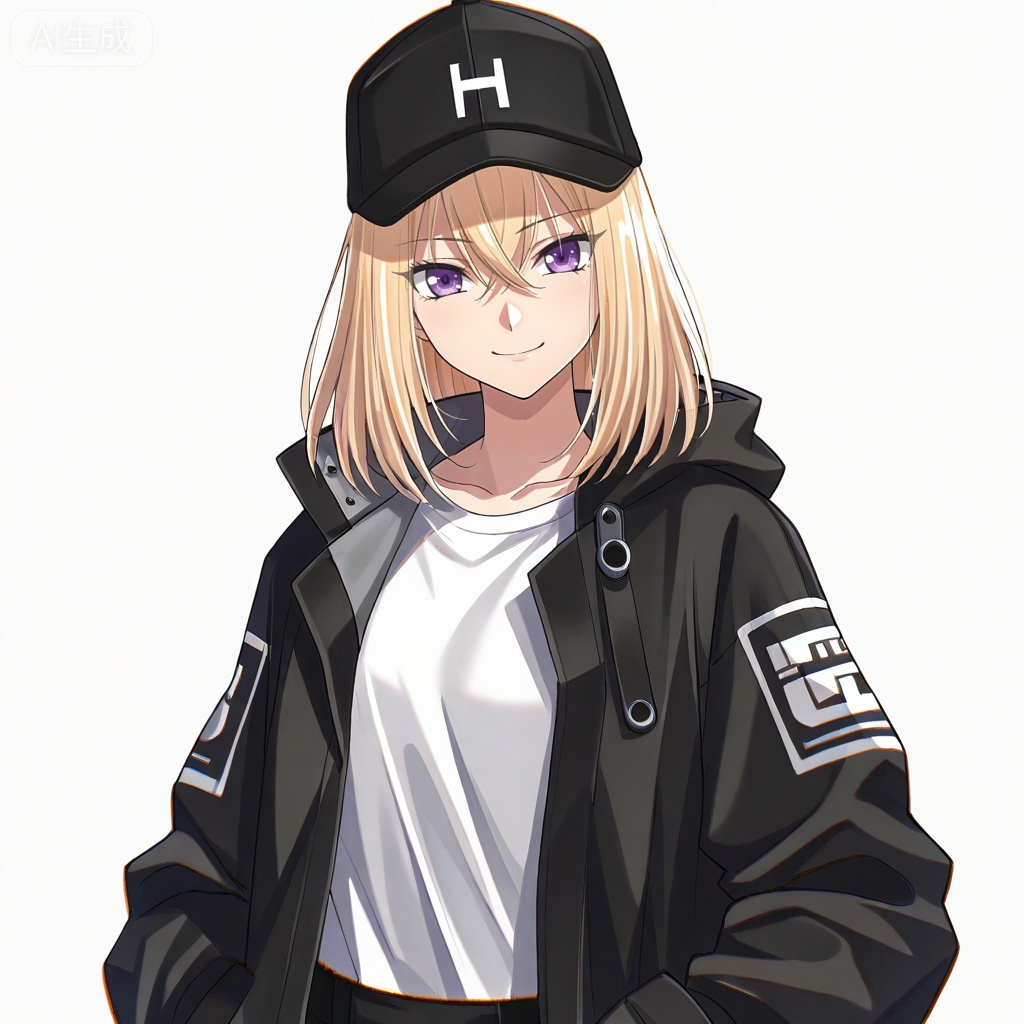 masterpiece, best quality,solo,white background,simple_background,Misumi Uika,cybersaki_style,blonde hair bangs,purple eyes,smile,medium hair,hair between eyes,white shirt,baseball cap,black coat,open coat,open clothes,jacket