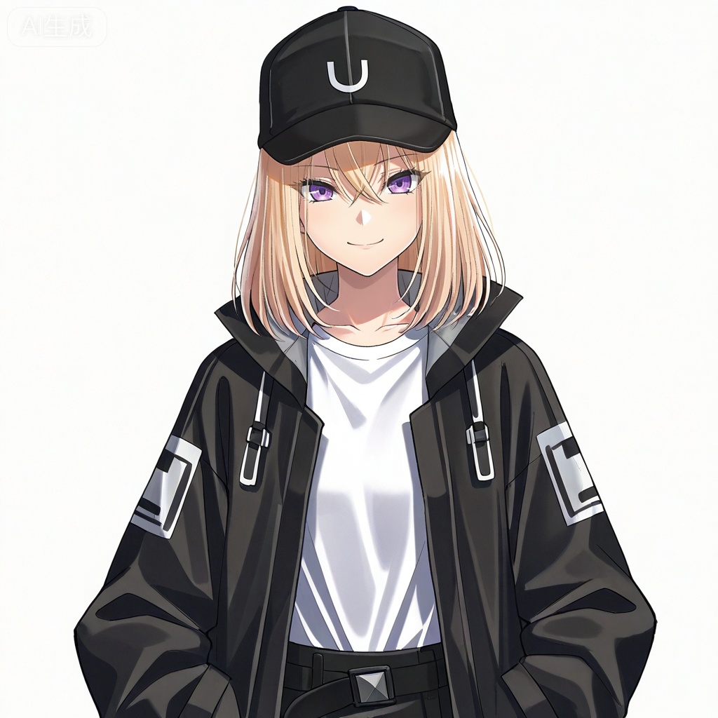 masterpiece, best quality,solo,white background,simple_background,Misumi Uika,cybersaki_style,blonde hair bangs,purple eyes,smile,medium hair,hair between eyes,white shirt,baseball cap,black coat,open coat,open clothes,jacket