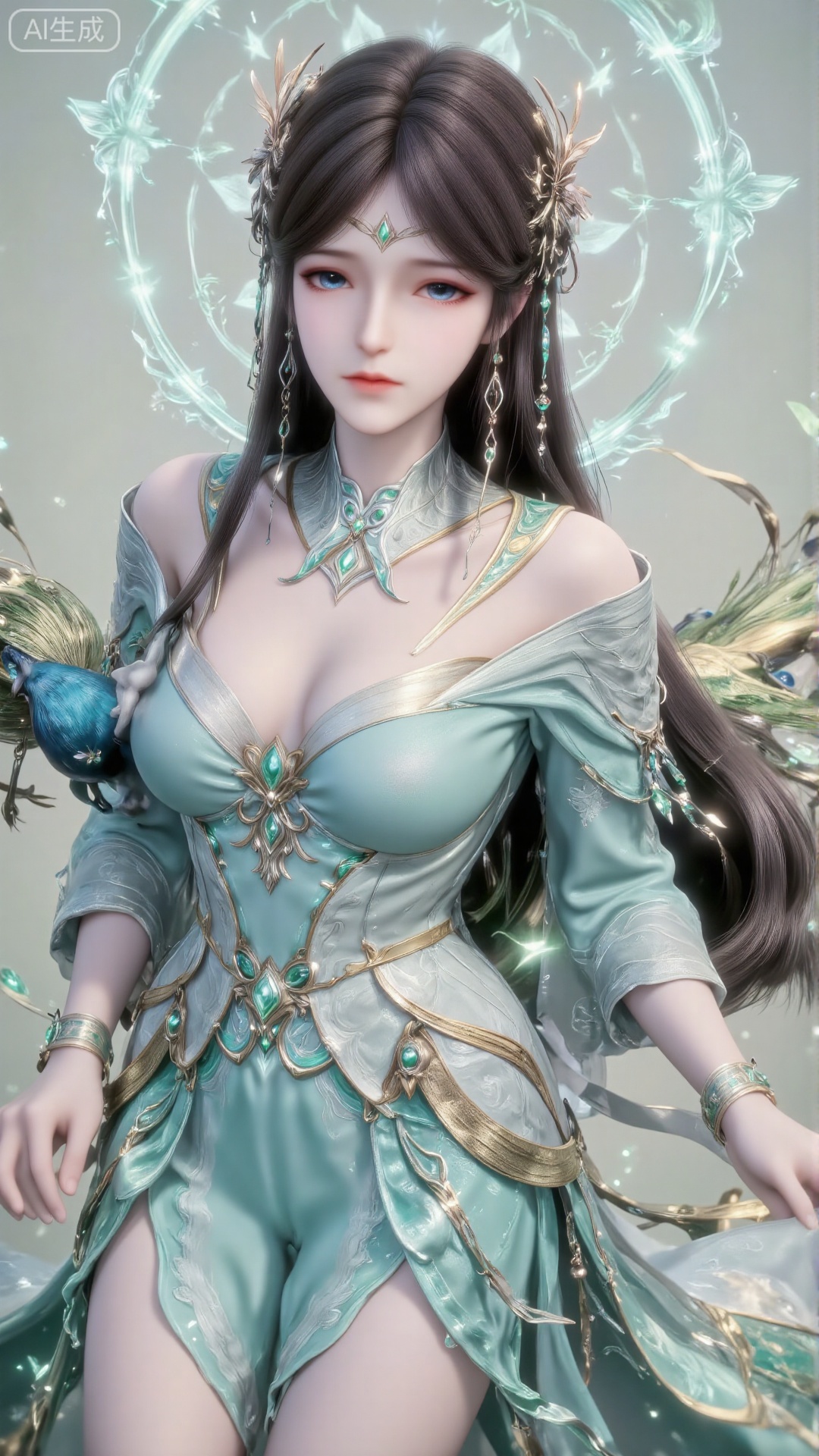 This painting depicts a beautiful scene, depicting a woman and a peacock. The lady is wearing an elegant and elegant green costume with complicated gold and green embellishments, including a delicate peacock feather design on her skirt. She wears matching peacock-themed headdress and jewelry, including earrings and bracelets. Her long black hair is flowing and standing gracefully.
The girl is holding a peacock. The peacock is decorated with bright peacock feathers, showing a mixture of blue, green and gold. Feather details are intricate, highlighting the eye-like pattern. The peacock's head is decorated with a crown-shaped structure, which adds to its royal appearance.

The background is soft and gradual green, and the peacock feathers floating in the air give the scene a dreamy and ethereal texture. The overall composition is harmonious, and the position of women and peacocks attracts the audience's attention to its details and the complex design of clothing and accessories.Upper body effect, upper body close-up,look up into the distance,(Top view: 0.7) Clearly shows the girl's posture and upper body, (Looking up at the audience: 0.4) Eyes are gently locked.Long sleeves, wide sleeves in ancient costumes, ancient costumes, peacock feathers floating in the air, and green clothes.