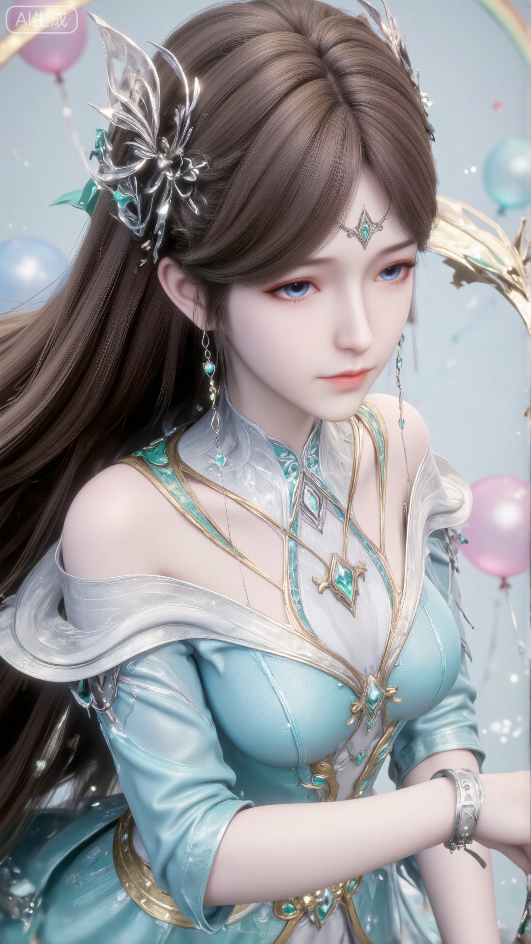 Girl, single, long hair, looking at the audience, brown hair, hair accessories, costume, closed mouth, blue dress, holding a beautiful paper kite with a beautiful and dazzling pattern on it, playing a kite, having a good time. The eyes are as bright as the ocean of stars, the background is dreamy blue, and there are many balloons and rainbows, which are very beautiful in blue Hanfu.Upper body effect, upper body close-up,look up into the distance,(Top view: 0.7) Clearly shows the girl's posture and upper body, (Looking up at the audience: 0.4) Eyes are gently locked.