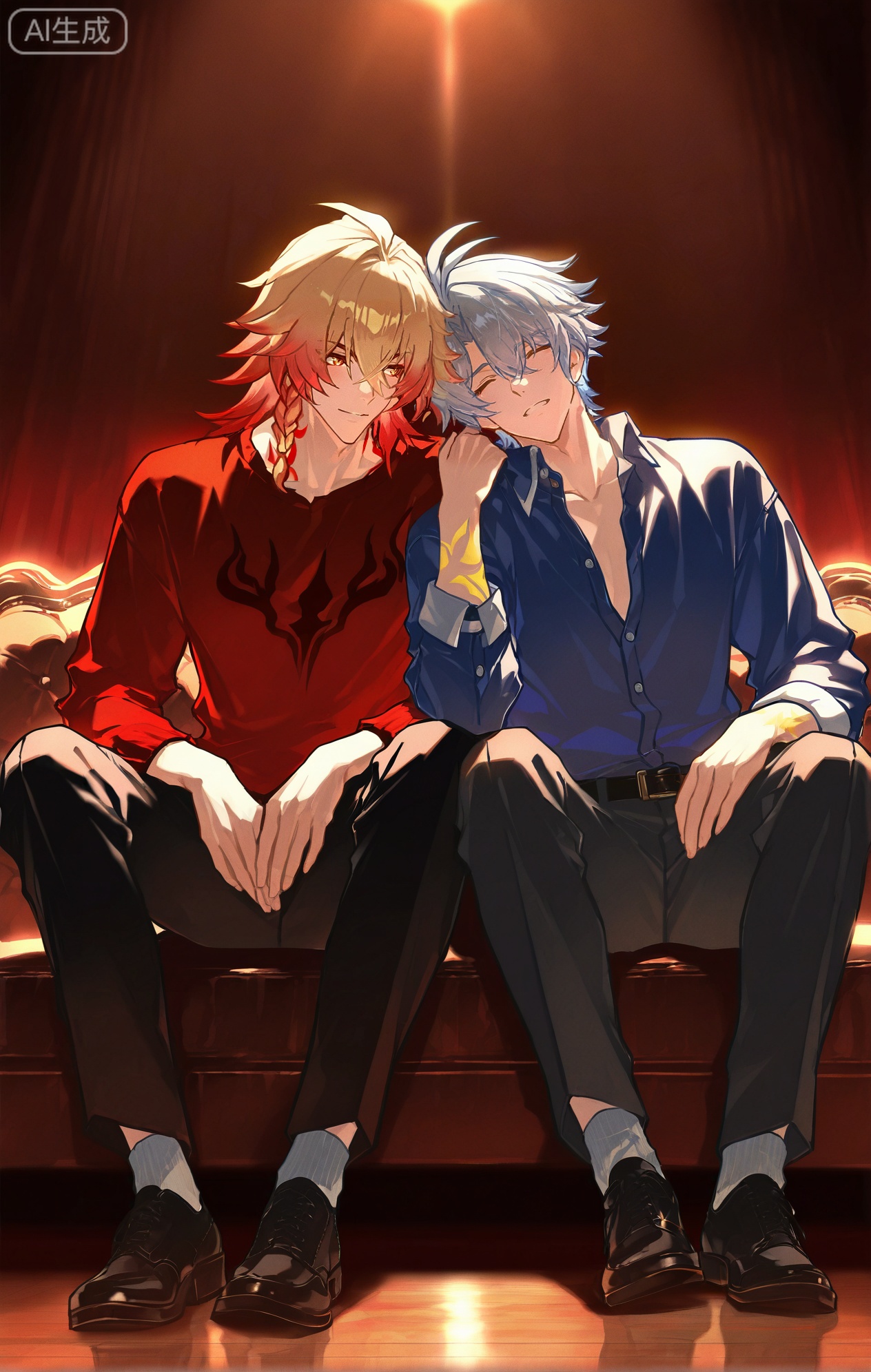 ((1boy, mydei blonde hair,red hai,gradient hair,medium hair,hair between eyes,braid,eyeliner,yellow eyes
, ((1boy,phainon (honkai: star rail)),white hair,blue eyes,short hair,ahogeSun tattoo, yellow tattoo 

xiaozhitiao,dianmei, (masterpiece:1.3), (best quality:1.3), (ultra-detailed:1.2), absurdres, highres, 4k, official art, sharp focus, (retro and romantic atmosphere:1.5),
2boys, yaoi, male focus, (wearing vintage-style shirts:1.3), (couple:1.4), full body,
(sitting on the floor, leaning against a sofa:1.4), (sharing a pair of headphones connected to a vinyl record player:1.6), (heads tilted together:1.4),
(listening to the warm, crackling sound of the vinyl:1.4), (spinning record on the turntable:1.3), (album art cover nearby:1.2),
(blush:1.3), (eyes closed, lost in the music:1.4), (one boy rests his head on the other's shoulder:1.3), (sharing a silent, mutual understanding:1.2),
detailed background, (cozy room with a record collection, soft lighting:1.2), full body.

.,White bodysuit