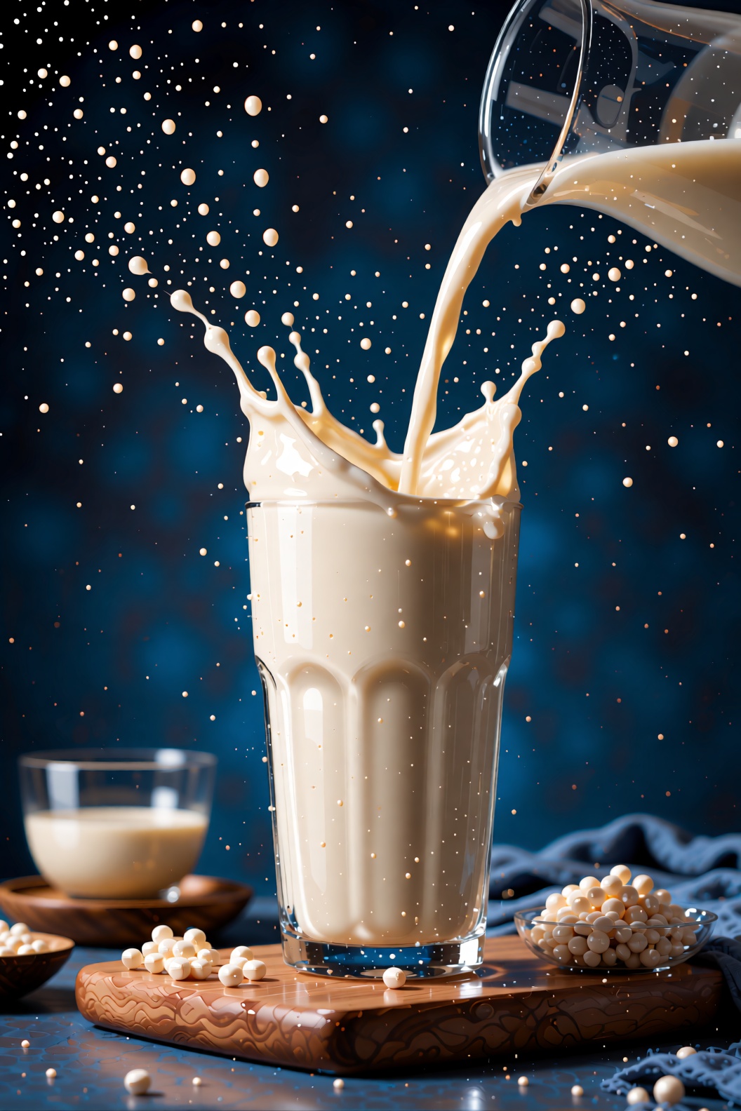 The image shows a glass filled with a creamy liquid being poured into it. The liquid is being poured from a transparent co...