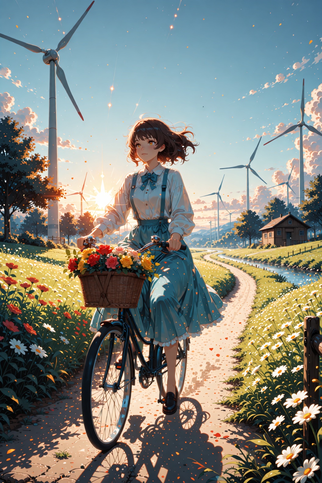 The image depicts a serene countryside scene with a person riding a bicycle down a narrow path. The bicycle has a basket f...