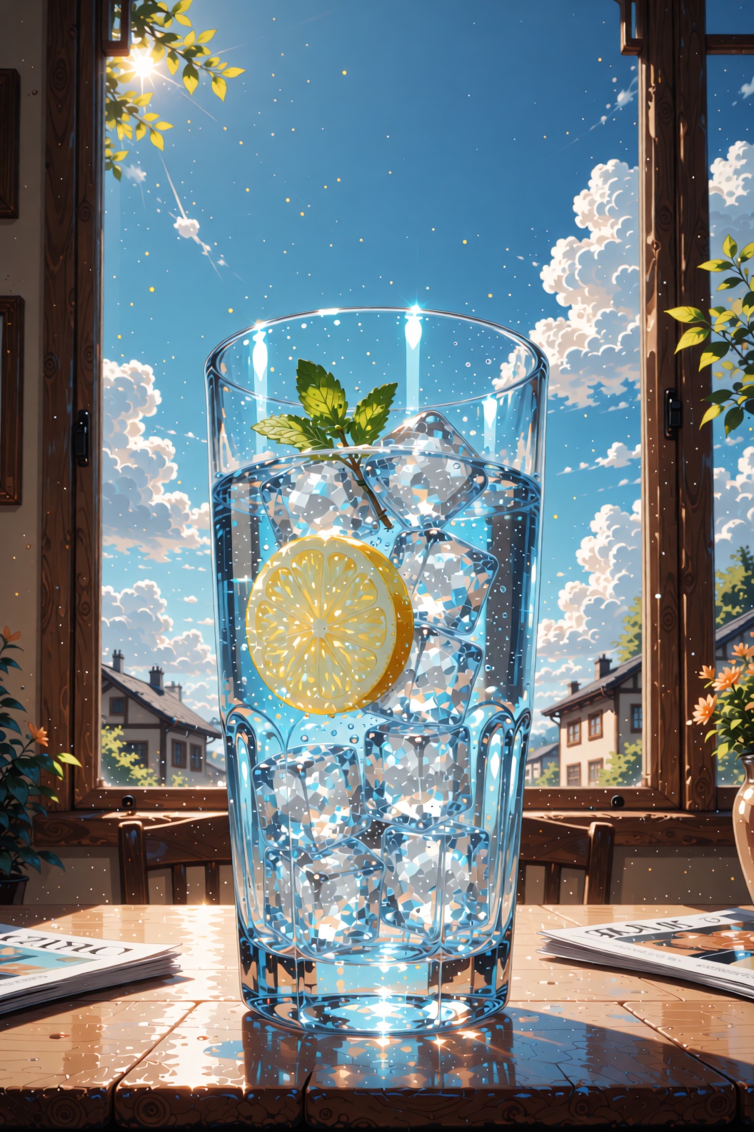 The image depicts a tall glass filled with ice cubes and a slice of lemon,  with a sprig of mint leaves floating in the wa...