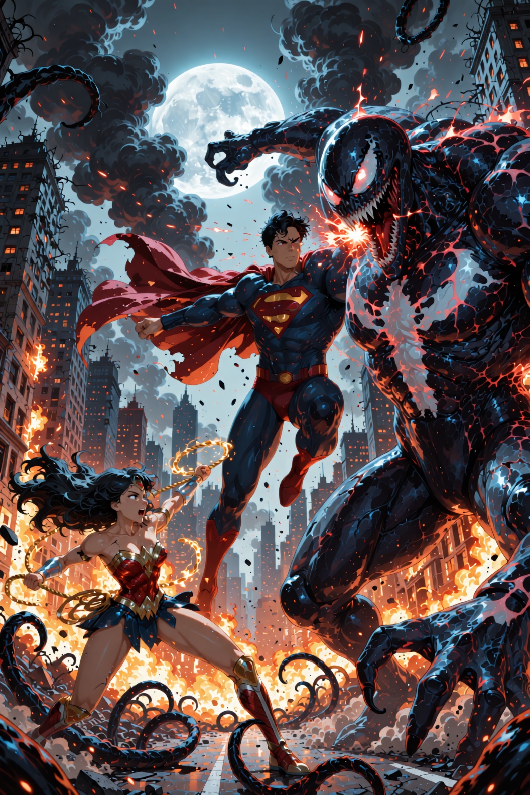 A cinematic anime masterpiece depicting an apocalyptic battle in the heart of a burning metropolis. Superman,  with glowin...