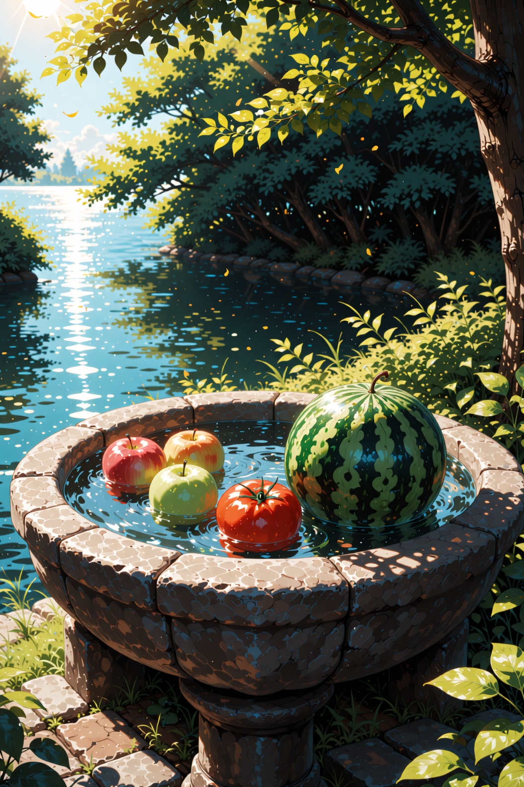 The image depicts a serene outdoor scene with a stone basin filled with water,  containing various fruits such as apples,...