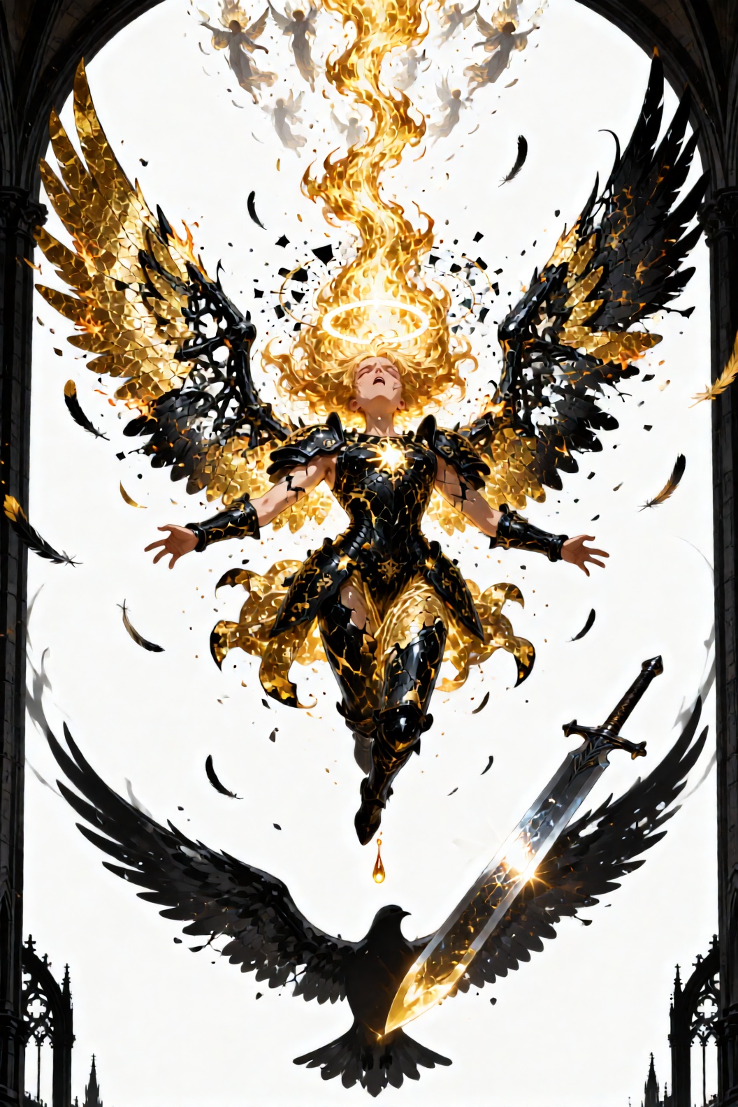 Transcendent anime artwork of dying warrior angel falling backward through cathedral void in final moment of sacrificial g...