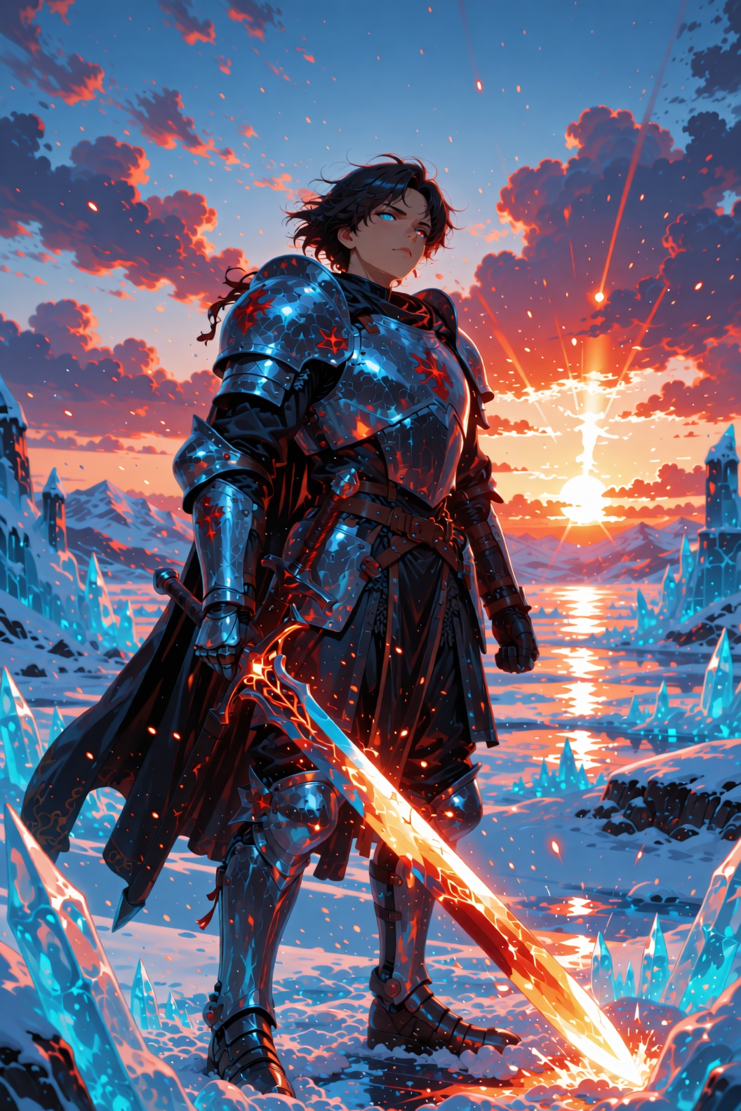 Create a scene where a warrior clad in Nedeaval armor stands amidst an icy landscape as the first rays of a sunrise paint...