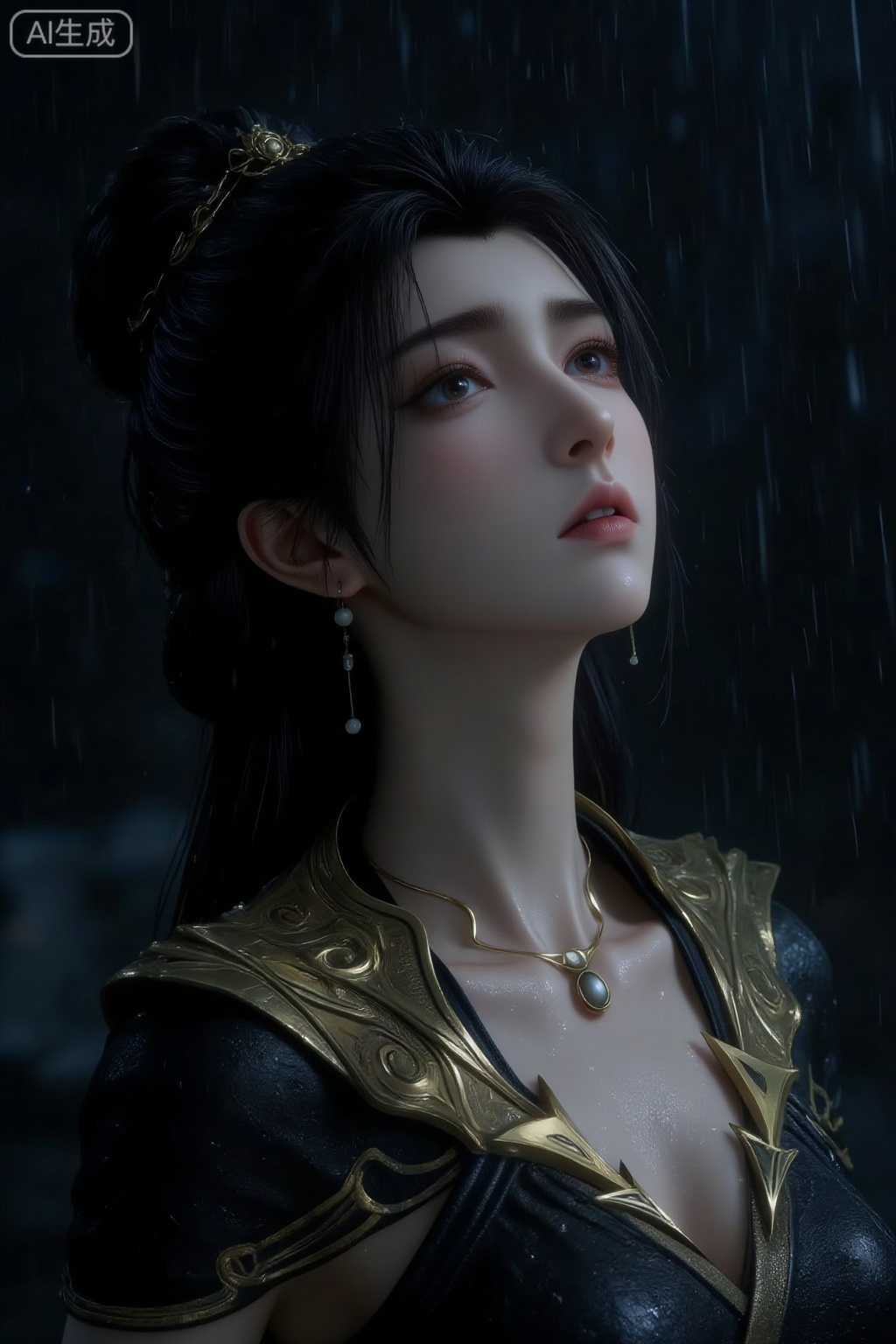 A cool female character in the style of an ancient fairy. Her long black hair is tied high with a golden carved crown. Her wet hair is close to her cheeks and neck. Her skin is covered with crystal water drops. She wears gold tassel earrings and a gold clavicle chain inlaid with pearls. She wears a black and gold fairy costume with a black matte leather body. Equipped with gilt-carved shoulder armor and angular golden texture decoration, the clothing has a moist luster due to being wet; in a dark rainy night environment, the pure black background highlights the falling raindrops, without any unnecessary scenery interference; the character looks diagonally upward with his head slightly raised and tilted back, his lips slightly open, showing a sense of desperation. It has a cool mood, with raindrops sliding down the lines of the face and neck; it adopts a realistic Chinese style CG style, integrating the delicate texture of portrait photography and the film-level rain scene light and shadow effect. The color is mainly black and gold, with the natural tone of the skin and the transparency of water drops as embellishments, and the dark background is enhanced The visual impact of the subject; the composition is a close-up of the chest, the angle of view is from a head-on and slightly upward angle, the side light focuses on the water droplets on the face and neck of the character and the gilded details of the clothing, the dynamic effect of the raindrops and the moist texture are realistic, creating a lonely and beautiful atmosphere of a fairy on a rainy night.