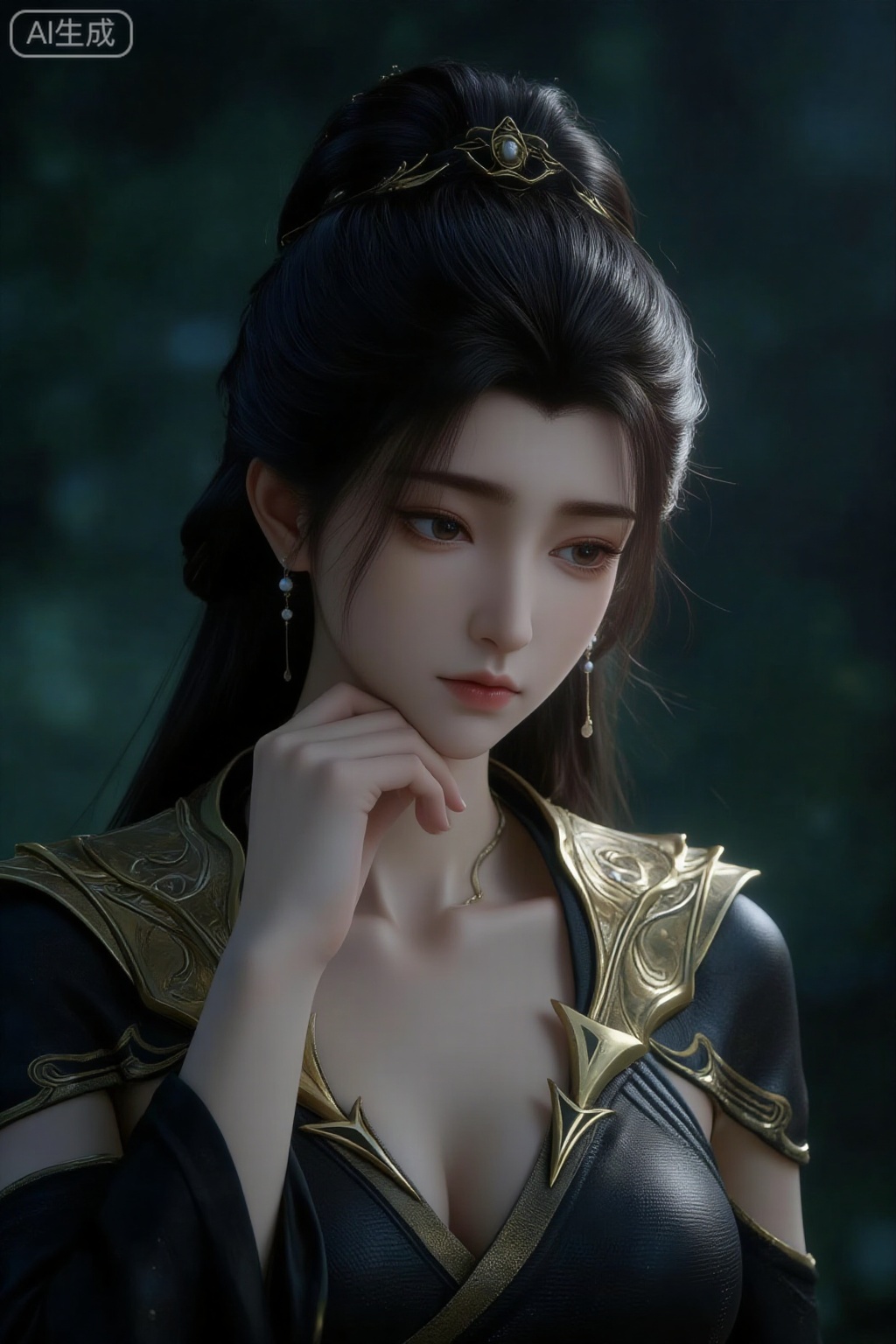 A cool female character in the style of an ancient fairy. Her long black hair is tied high with a golden carved crown, with a few strands of broken hair hanging down her cheeks. She wears pearl earrings and a golden necklace inlaid with pearls. She wears a black and gold fairy costume with matte black finish. The leather body is paired with gilt-carved shoulder armor and pattern decoration, and the hem is designed with hollows and ribbons. Against a simple antique background with dark tones of dark green gradients, the character holds his chin with one hand and lowers his eyes slightly, revealing a cold and distant emotion between his brows and eyes. ; Adopting a realistic Chinese style CG style, combined with delicate portrait photography texture, the color is mainly black and gold, embellished with the warm white of pearls, and the dark green background forms a cold contrast; the composition is a close-up of the bust, the angle of view is a slightly upward shot, the light and shadow focus on the character's face and the gilt details of the clothing, creating a soft side-lit atmosphere. The details of the picture are exquisite, the skin texture is transparent, and the clothing texture is real.