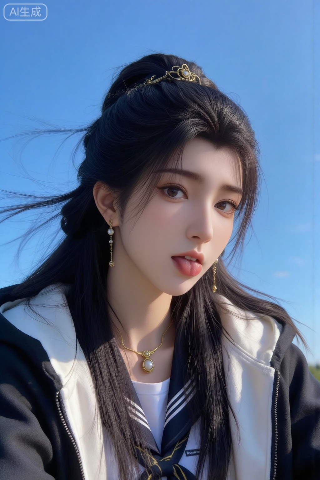 A young woman who combines ancient and modern campus styles. Her long black hair is tied high with a simple gold crown. A few strands of hair are blown to both sides by the wind. She wears gold tassel earrings and a gold necklace inlaid with pearls. She wears a black and white color-blocked hooded zipper jacket with a black t-shirt with white stripes inside. Sailor tie, white shirt, black and yellow plaid pleated skirt; in a sunny outdoor scene, the background is a pure blue sky, and the light is bright natural daylight; the character is taking a close-up selfie, with the body slightly sideways, the head slightly raised, the lips slightly open, the tongue sticking out, and the eyes looking straight The lens reveals smart and playful emotions; it adopts a realistic portrait photography style, integrating the fresh texture of Japanese campus photos. The color is mainly black and white, with the warm tones of golden jewelry and the pure blue cold tones of the sky. The overall color is bright and transparent; the composition is a close-up of the face combined with a close-up of the upper body. , the viewing angle is a head-up selfie angle, the light and shadow are mainly natural top light combined with side light, highlighting the delicate texture of the character's face and the dynamic effect of the hair. The background is pure and free of debris. The picture combines the ancient charm of ancient hair accessories and the youthfulness of modern campus clothing, creating a lively girly atmosphere.