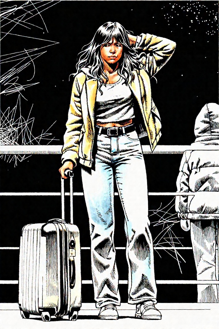 Illustration by serpieri,  a woman in an airport,  with luggage on Tensor.Art