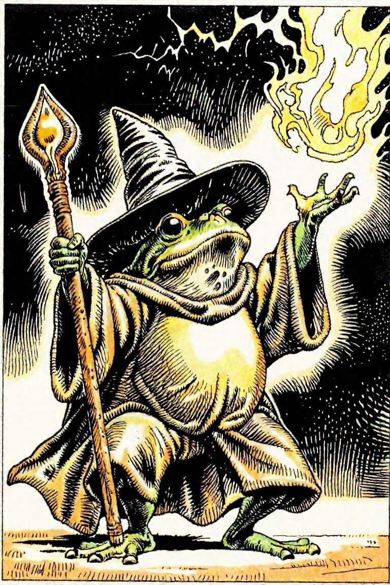 Illustration of a frog,  wearing a wizard hat and robes,  arms lifted on Tensor.Art