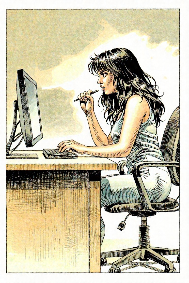 Illustration by serpieri,  a woman sitting at a desk in an office,  typing at a computer on Tensor.Art