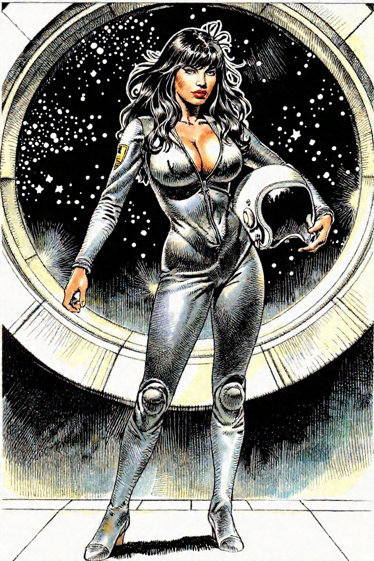 by serpieri,  A glamorous space captain pinup,  wearing a sleek unzipped flight suit on Tensor.Art
