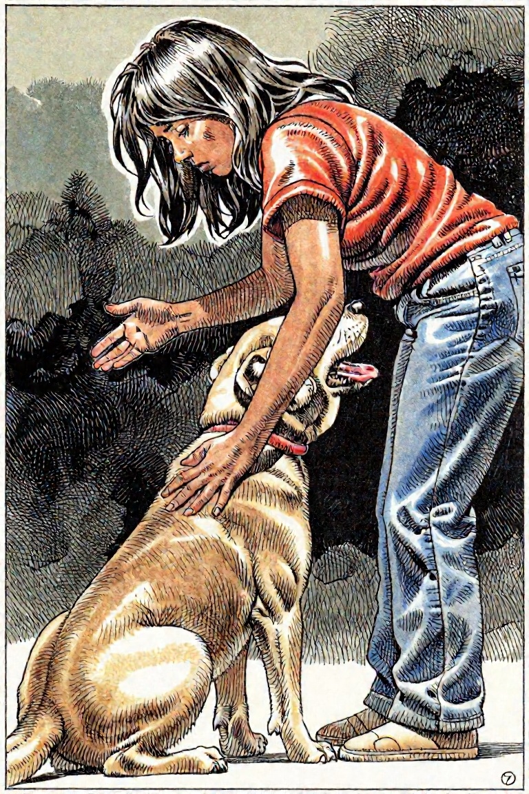 Sketch of a woman petting a dog on Tensor.Art
