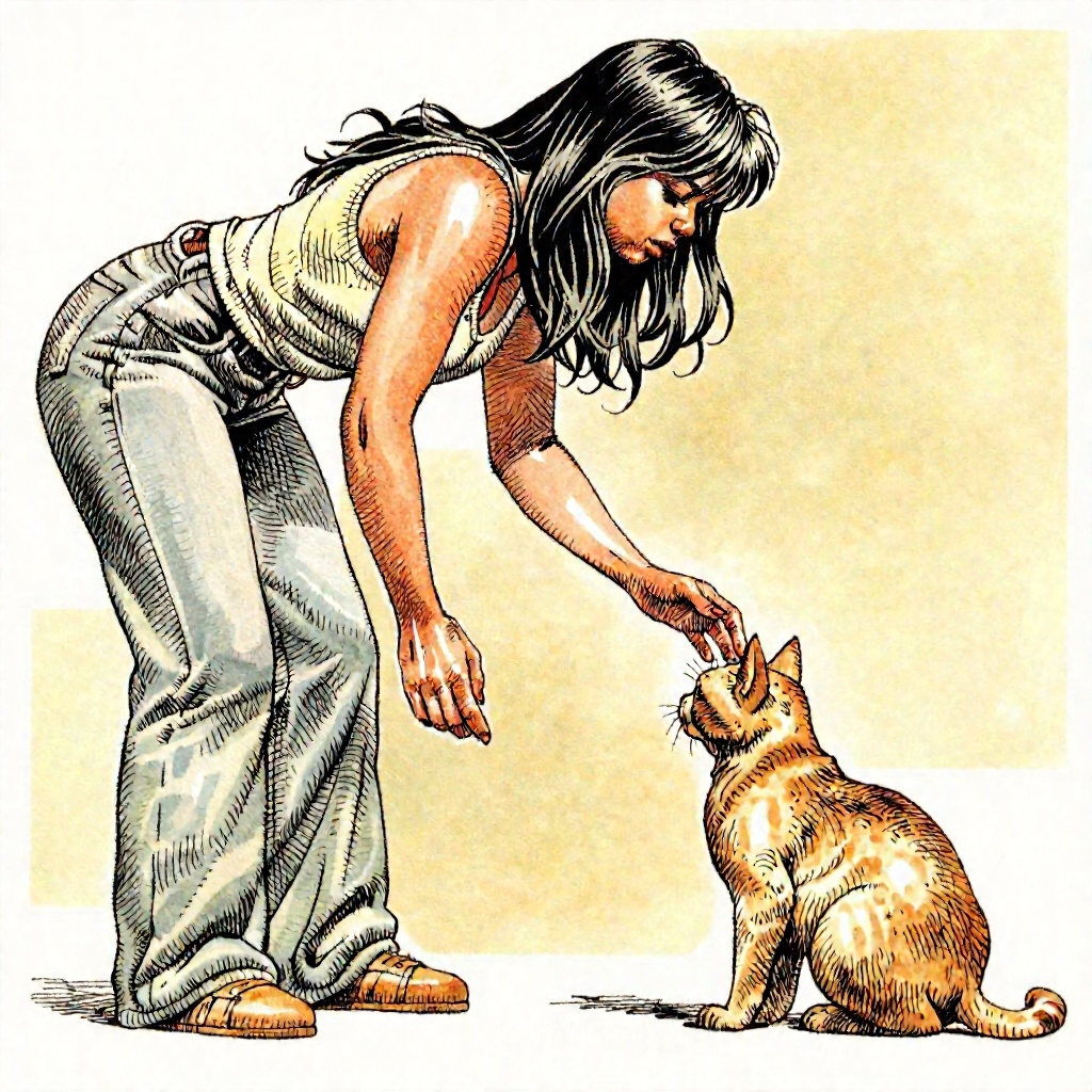 Illustration of a woman bending down to pet a cat on Tensor.Art
