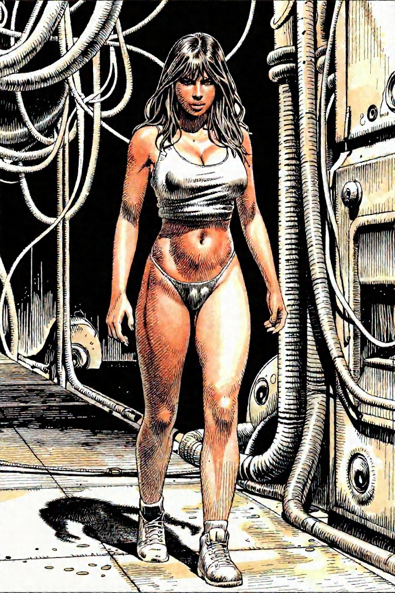 by serpieri,  a voluptuous survivor woman with torn tactical clothing exploring a decaying spaceship corridor filled with...