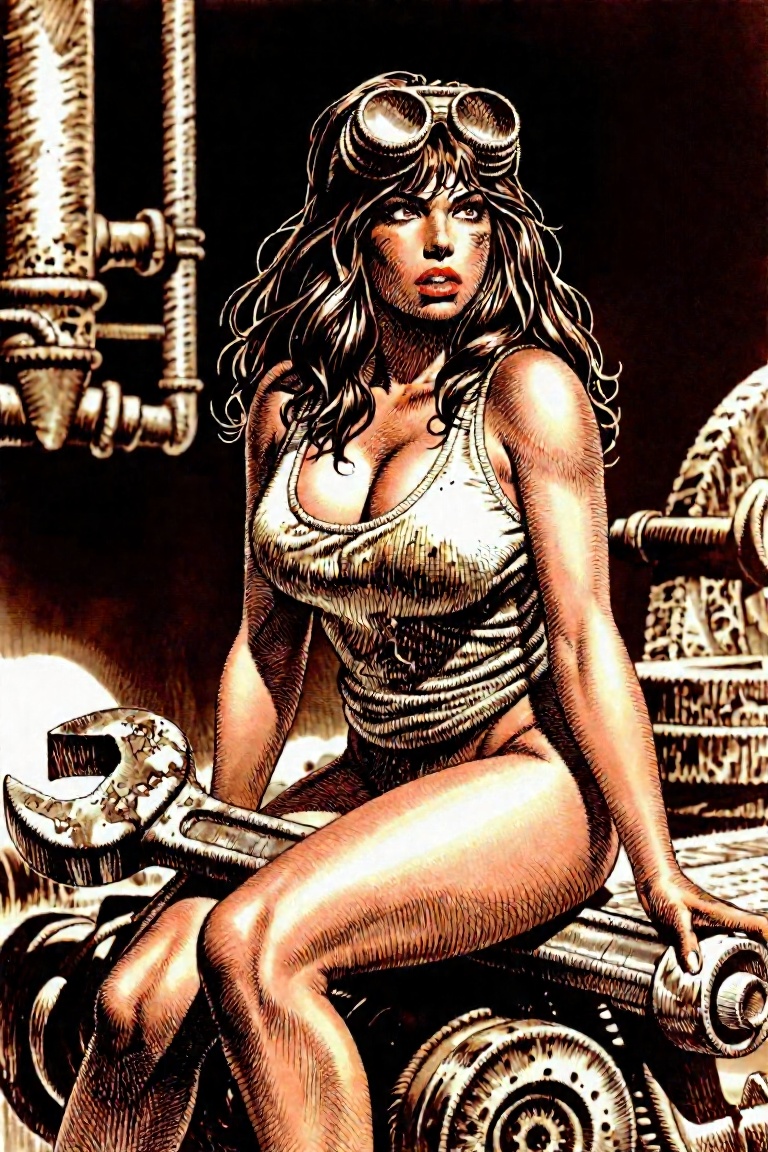 by serpieri,  Dieselpunk mechanic pinup,  smudges of grease on face on Tensor.Art