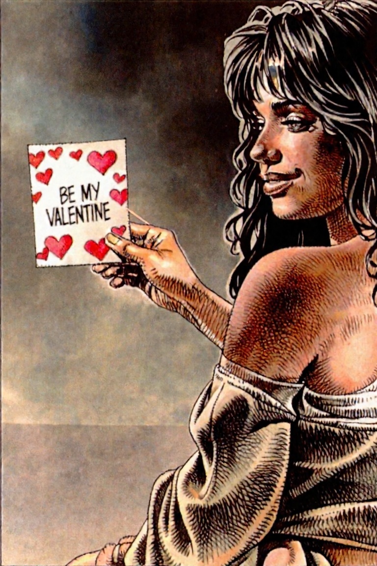 Create a scene where a woman with a gentle,  bashful smile extends a Valentine’s Day card towards the viewer. The card rea...