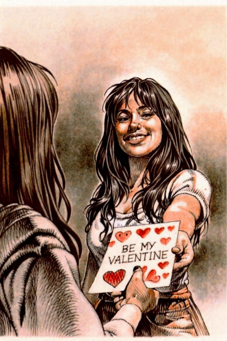 Create a scene where a woman with a gentle,  bashful smile extends a Valentine’s Day card towards the viewer. The card rea...