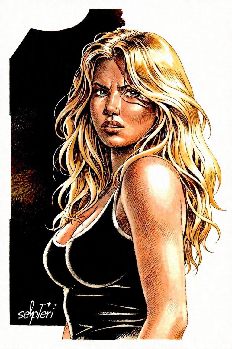 Illustration by serpieri,  a blonde woman looking at viewer on Tensor.Art