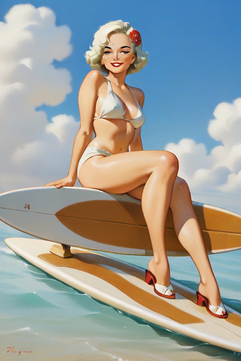 The image depicts a classic pin-up style illustration of a woman in a white bikini,  sitting on a surfboard. She is positi...