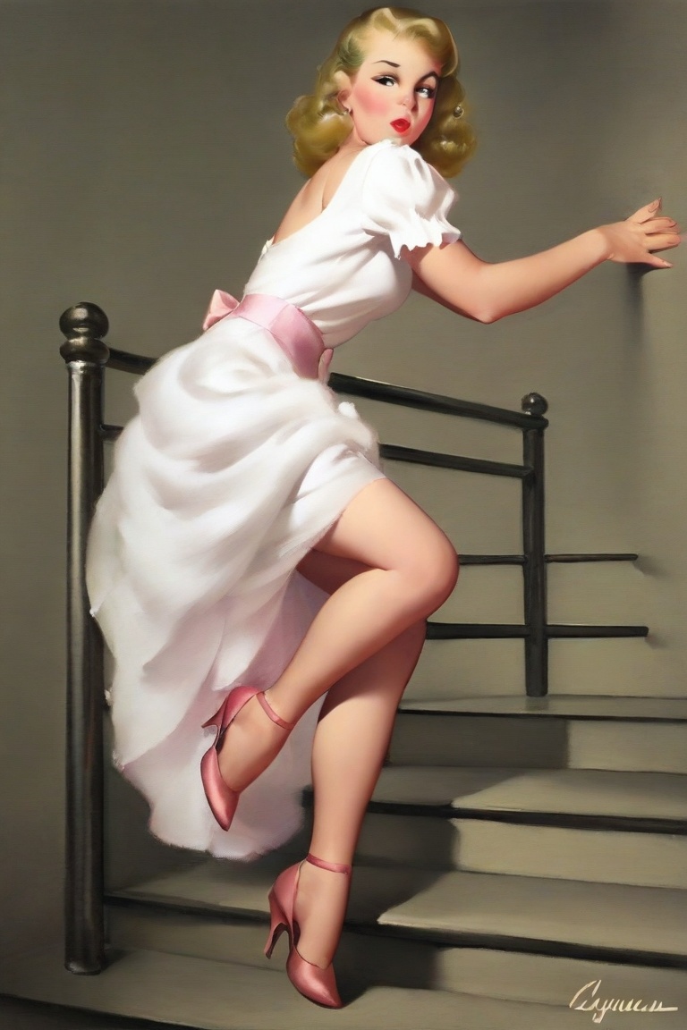 Create an image depicting a woman dressed in a white dress adorned with ruffles and a bow,  leaning provocatively against...