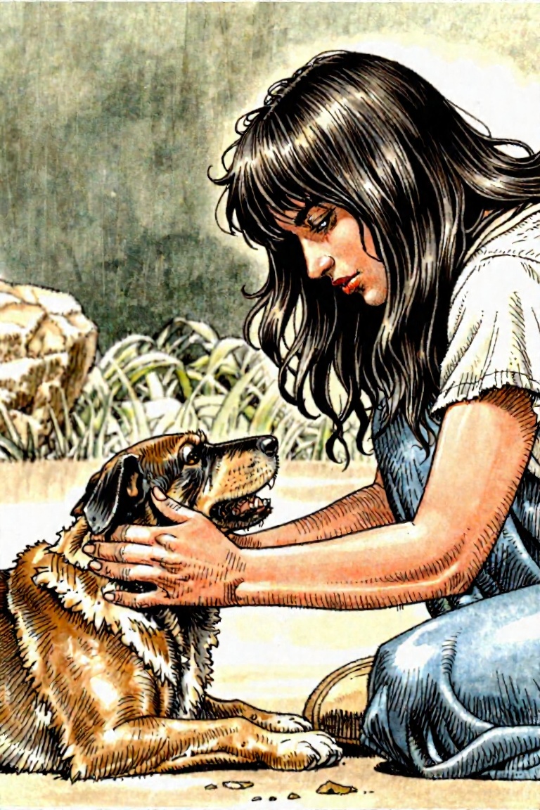 Detailed illustration of a woman petting a dog on Tensor.Art