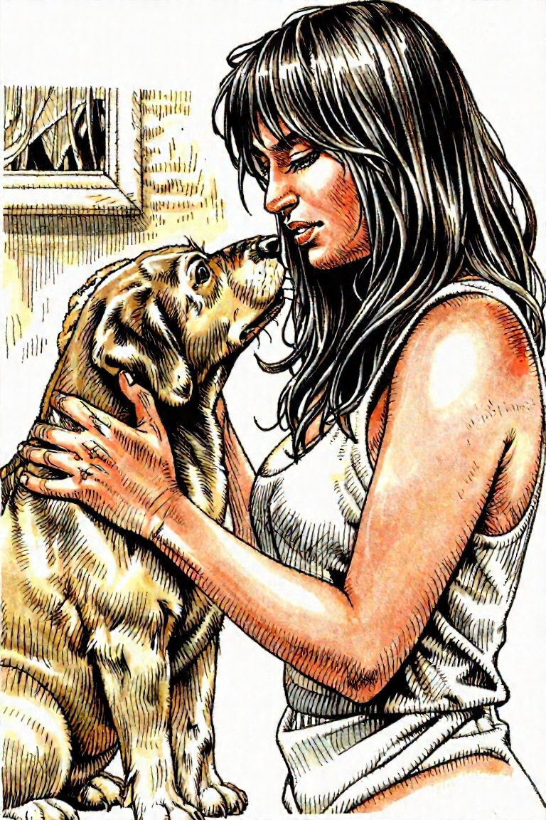 Sketch of a woman petting a dog on Tensor.Art