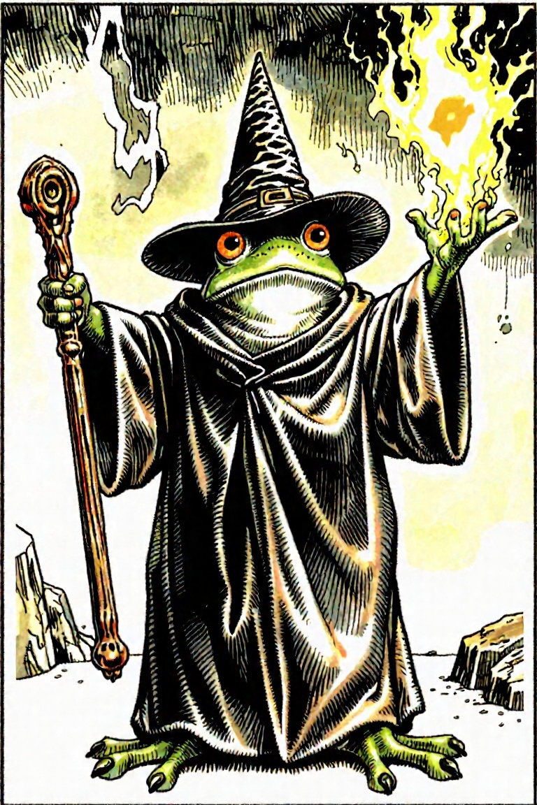 Illustration of a frog,  wearing a wizard hat and robes,  arms lifted on Tensor.Art