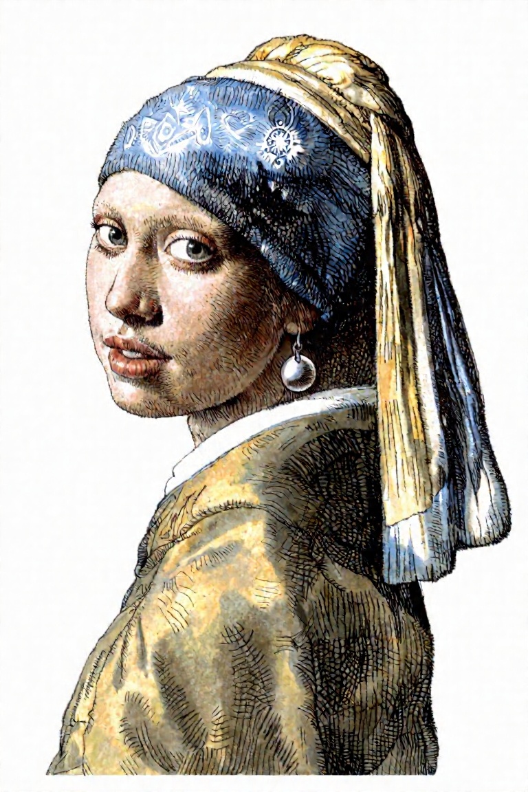 A monochrome illustration of the Girl with a Pearl Earring by Vermeer on Tensor.Art