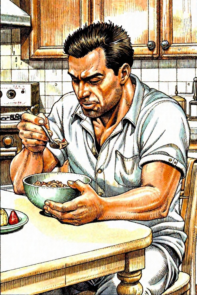 Illustration by Serpieri of A man sitting at a kitchen table eating a bowl of cereal on Tensor.Art