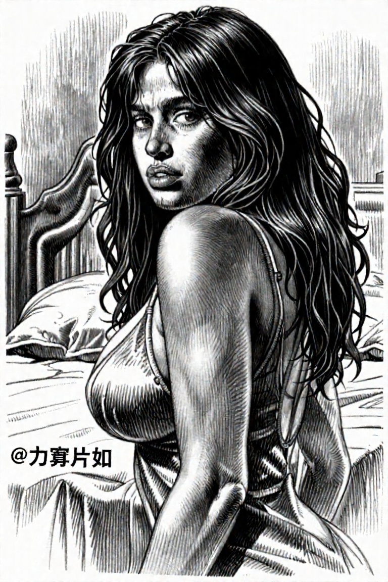 Pencil sketch of a woman looking at viewer,  in a bedroom,  dramatic lighting on Tensor.Art