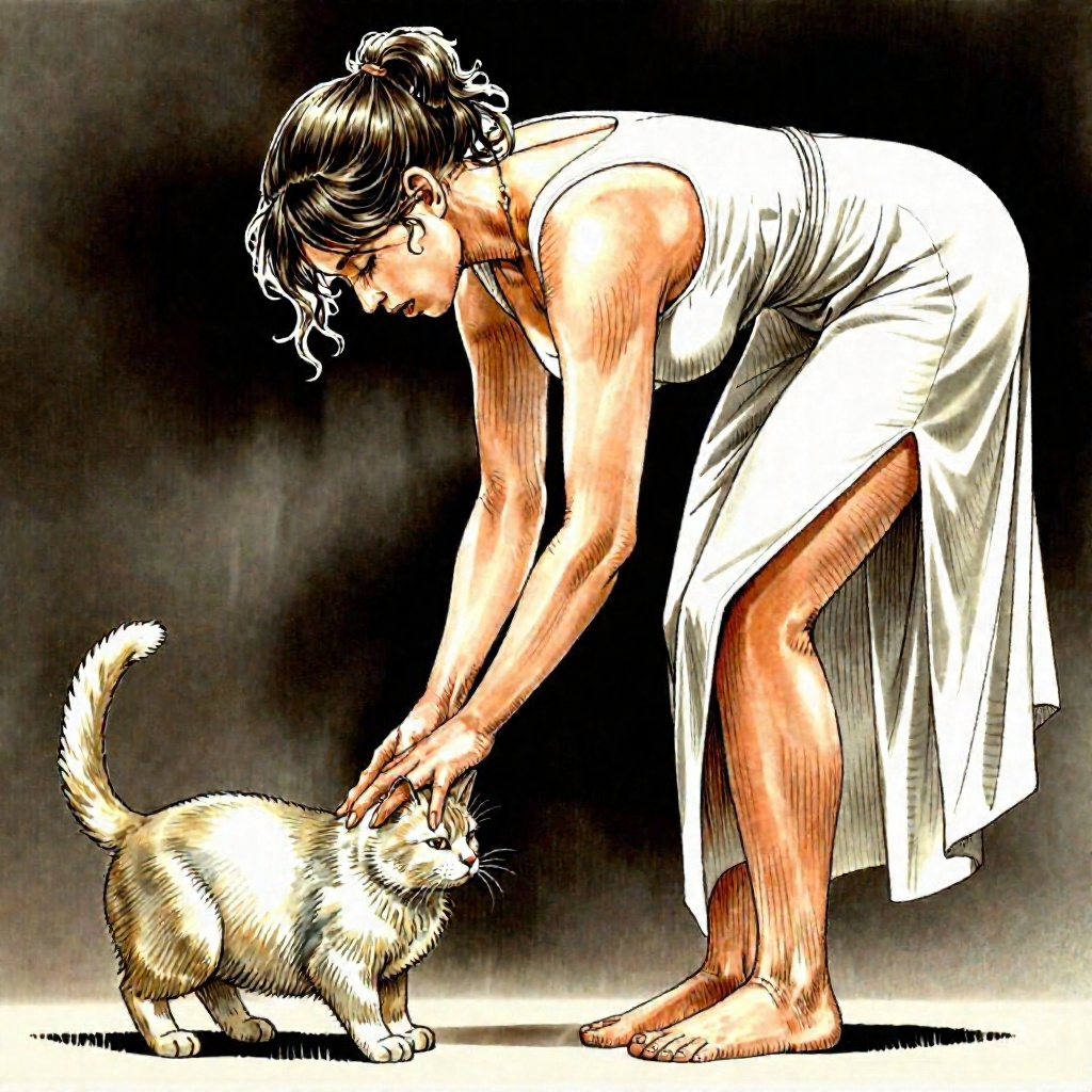 Illustration of a woman bending down to pet a cat on Tensor.Art