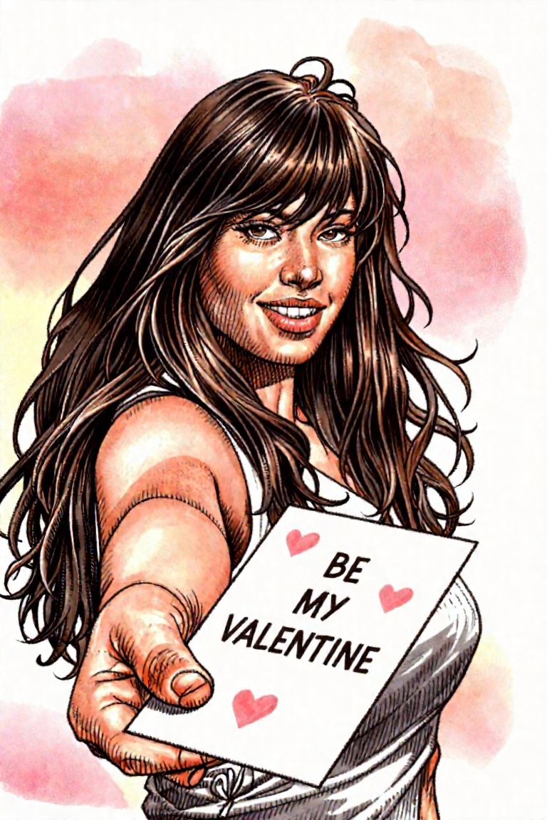 Create a scene where a woman with a gentle,  bashful smile extends a Valentine’s Day card towards the viewer. The card rea...