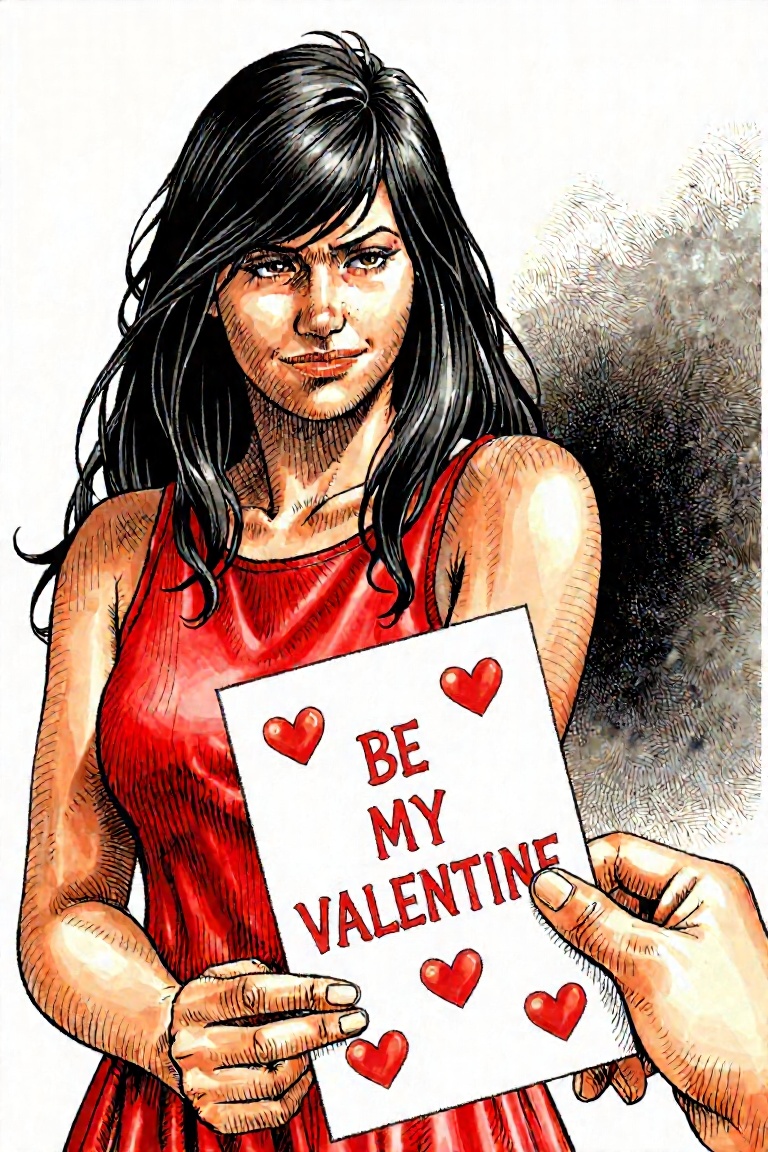 Illustration by Serpieri of a woman with a bashful smile extends a Valentine’s Day card towards the viewer. The card reads...