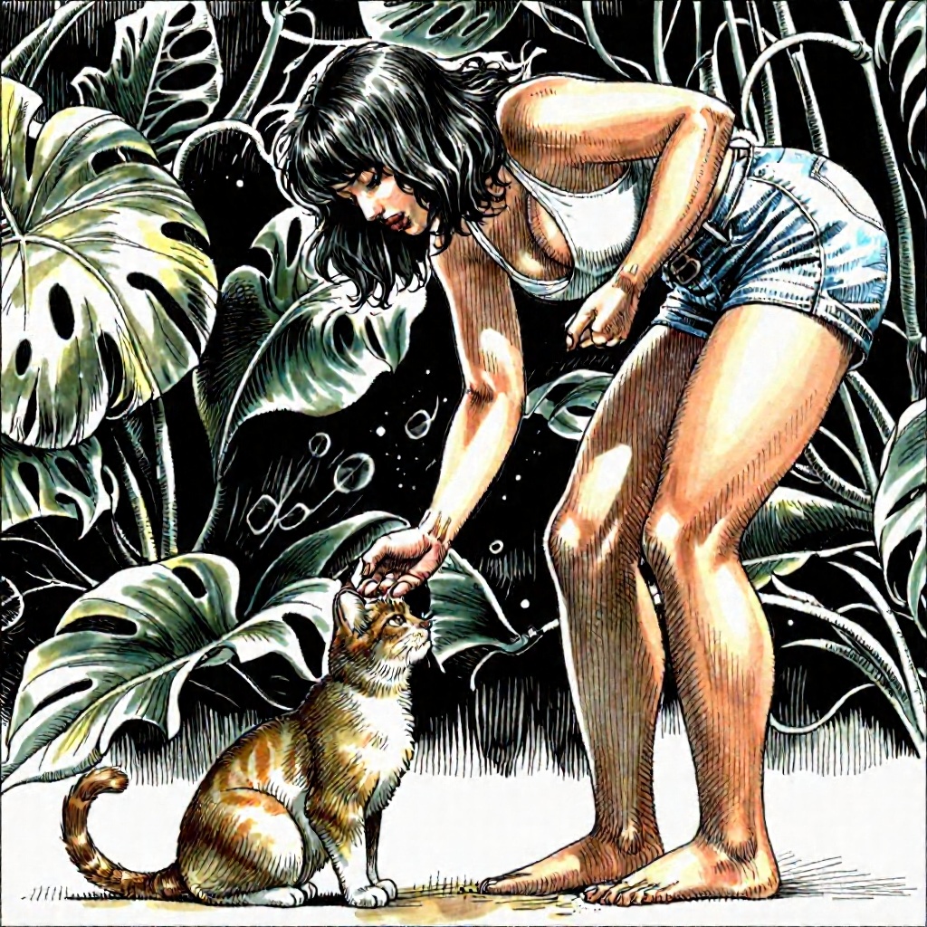 Illustration of a woman bending down to pet a cat on Tensor.Art