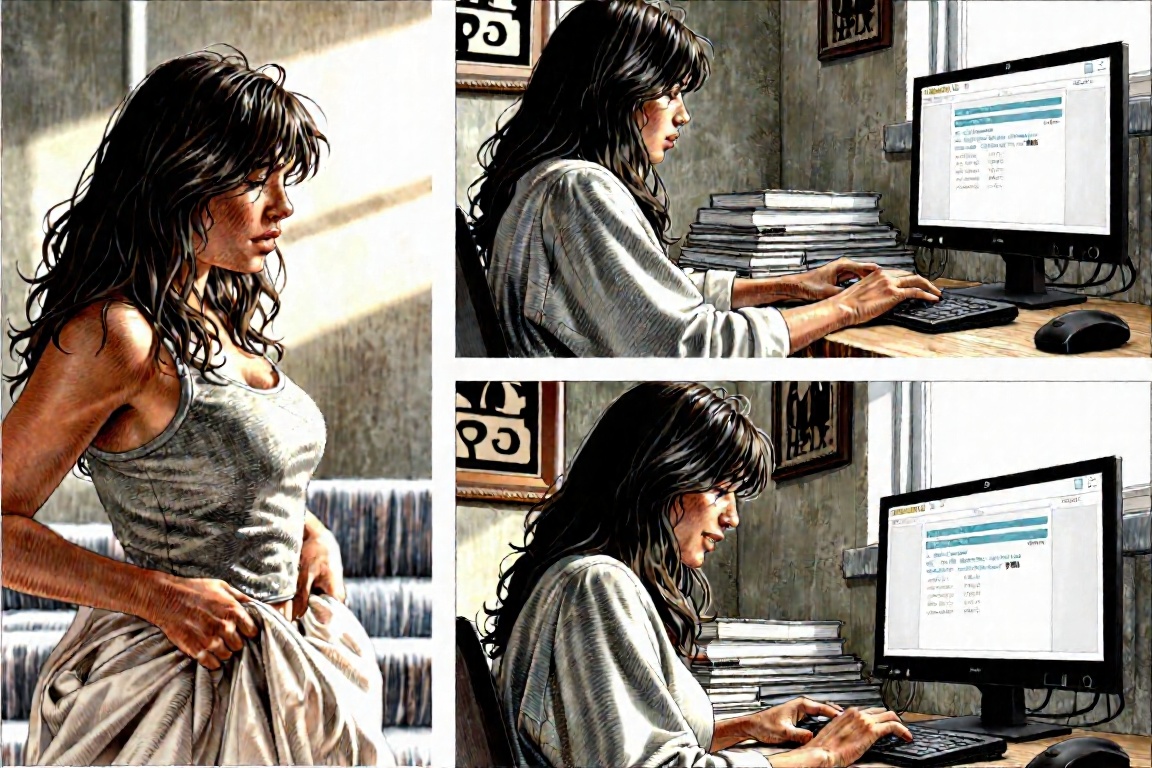 Panel 1: Close-up of a woman in cozy pajamas getting out of bed. Her tousled hair and sleepy expression convey exhaustion....