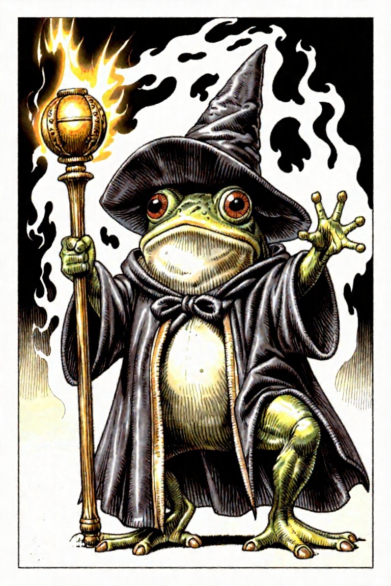 Illustration of a frog,  wearing a wizard hat and robes,  arms lifted on Tensor.Art