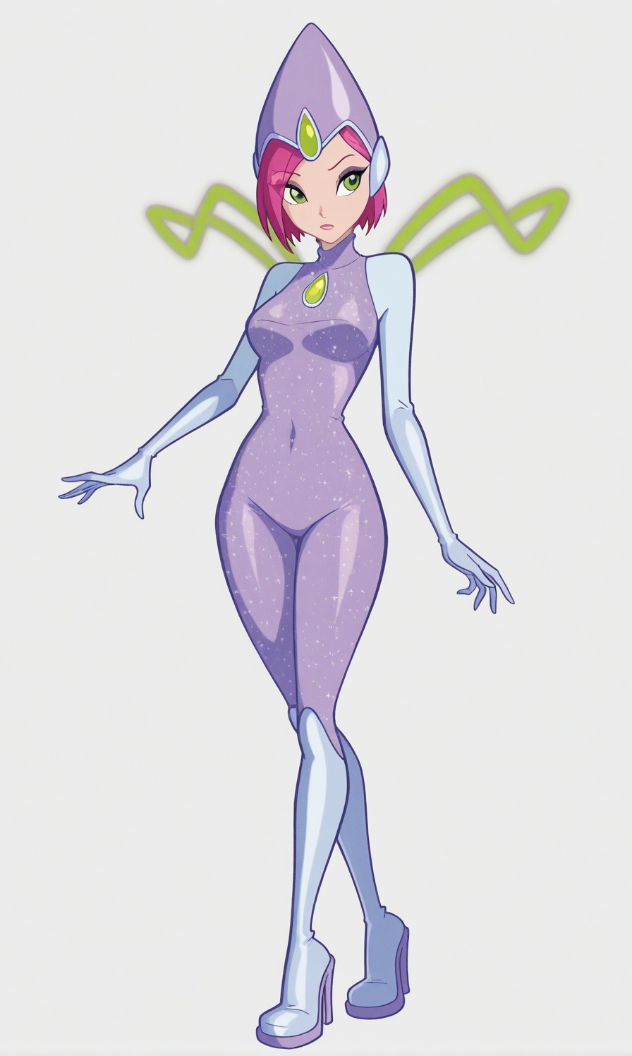 1girl solo breasts simple background white background full body high heels bodysuit makeup green wings geometric wings hel...