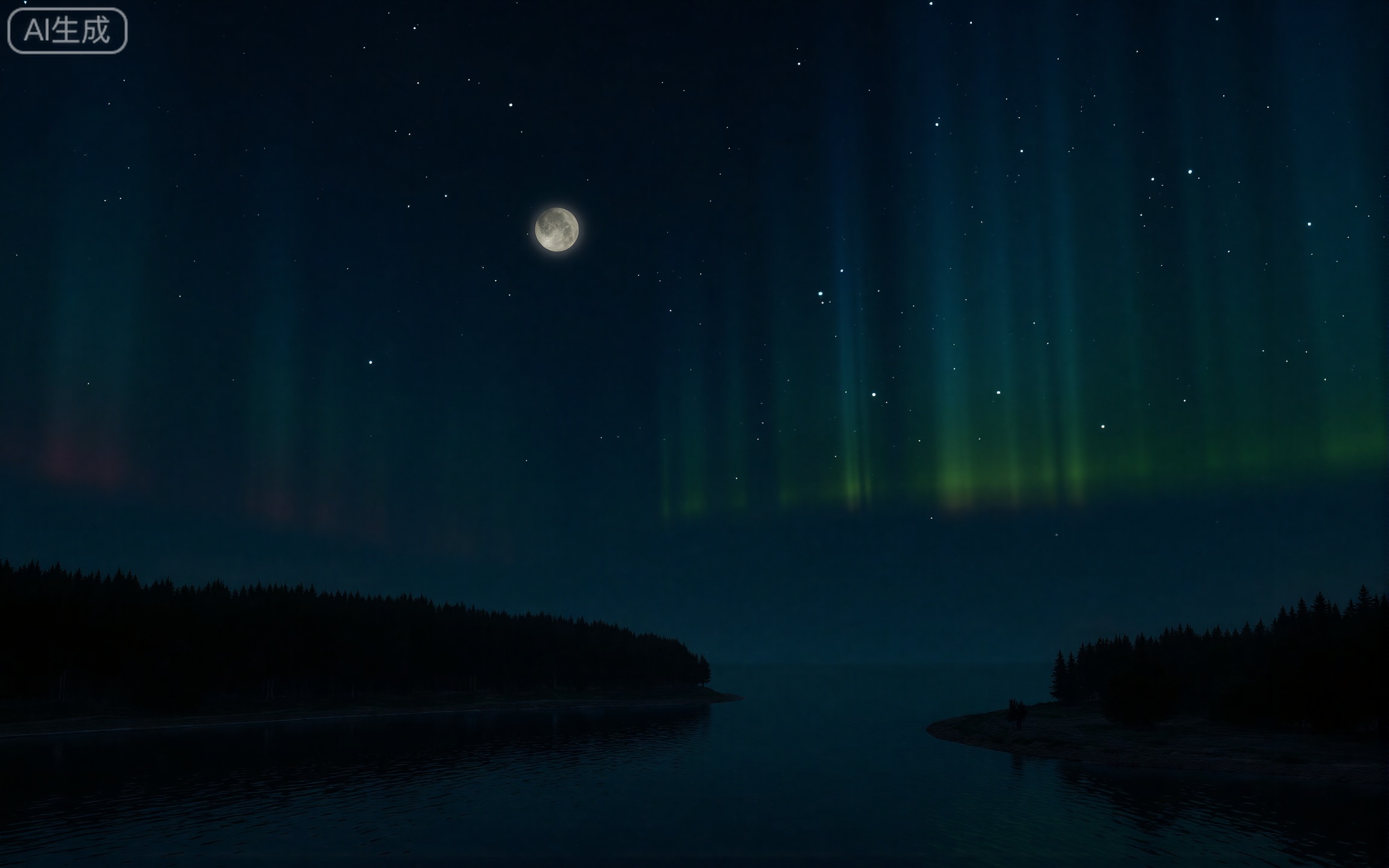 4K,best quality,high details,absurdres,masterpiece,
lvjing,
no humans, night, sky, scenery, night sky, star \(sky\), outdoors, aurora, moon, starry sky, water, tree, nature, lake, ocean, full moon, forest